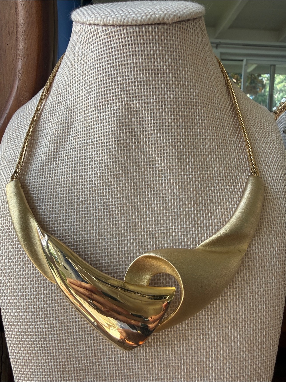 Gold Sculptural Statement Necklace - unsigned & 14”